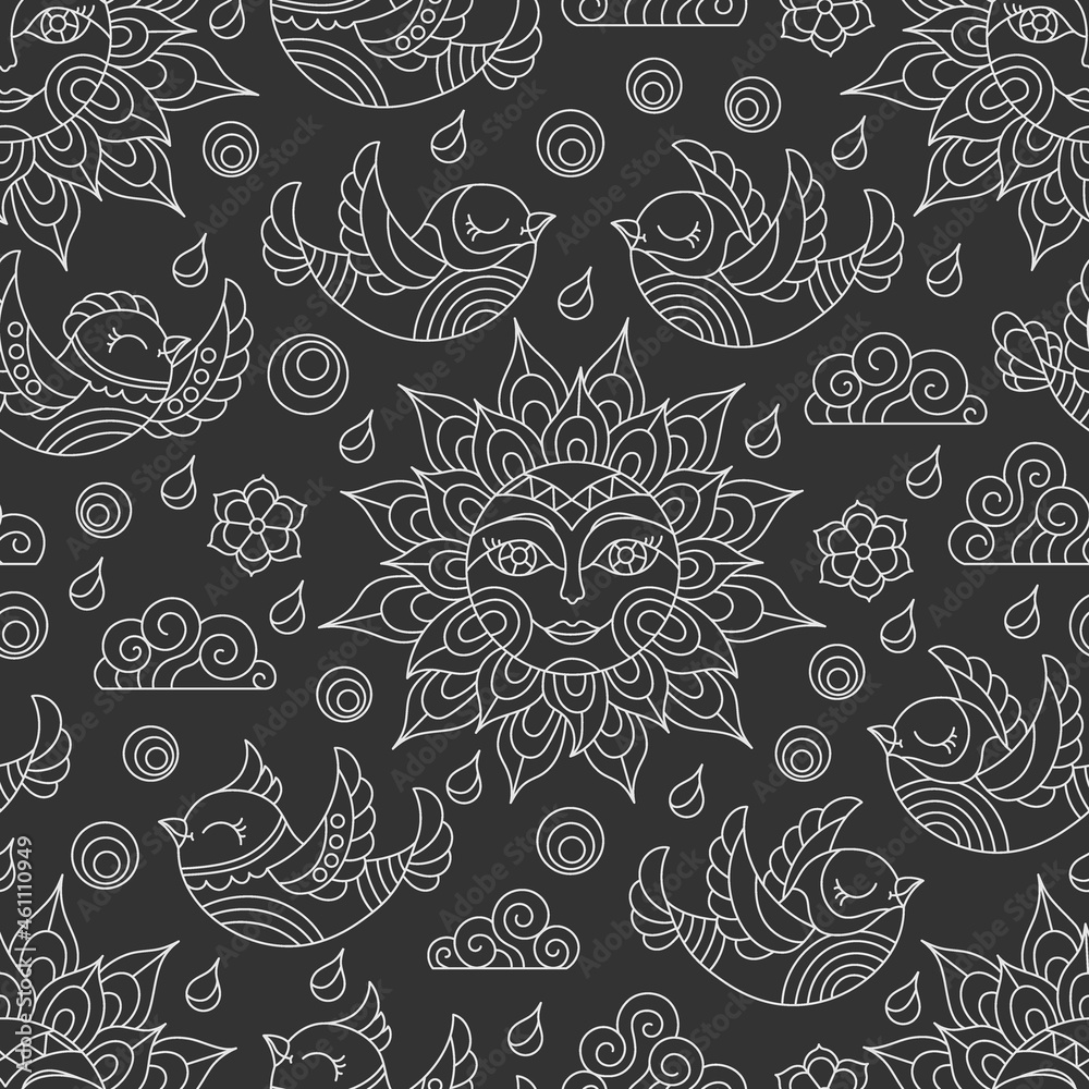 Seamless pattern with light contour suns and birds on the sky background, outline birds on a dark background Seamless pattern with light contour suns and birds on the sky background, outline birds on a dark background