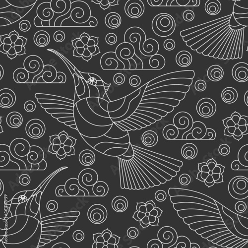 Seamless pattern with light contour Hummingbird birds  clouds and flowers  outline birds on a dark background