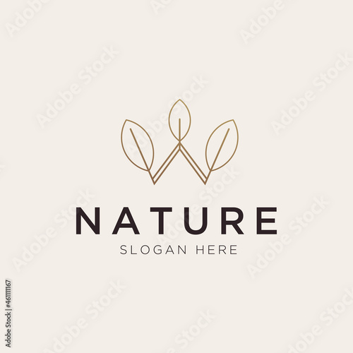 Initial letter W with leaf element logo template