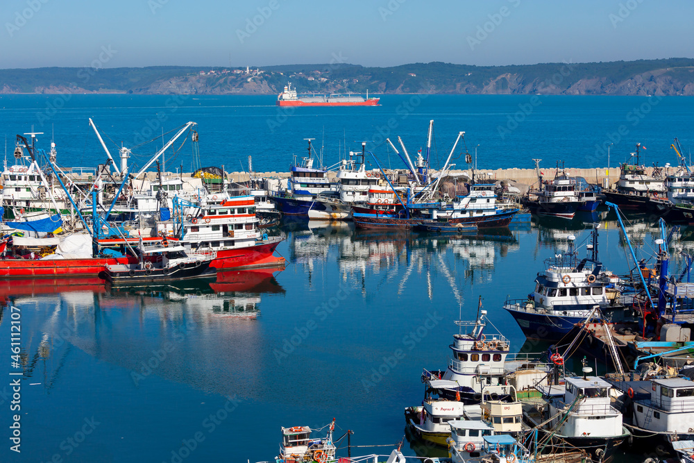 Sariyer, Istanbul, July 01, 2017: Harbor and fishing boats on the coast of Rumeli Lighthouse (Rumeli Feneri) village. TURKEY