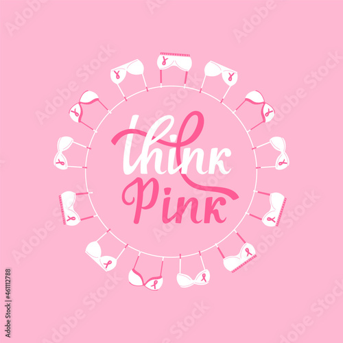 National Breast Cancer Awareness Month banner. Pink bras hanging on a rope. Think Pink hand drawn lettering.