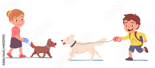 Children cartoon character walking dog pet friend