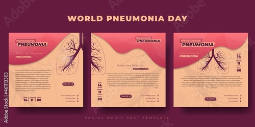 Set of social media post template with lungs design. World Pneumonia Day template design.