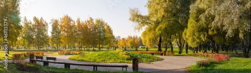 panorama of the city park on a sunny day with clubs and doggings. Saint Petersburg, September 22, 2021. 