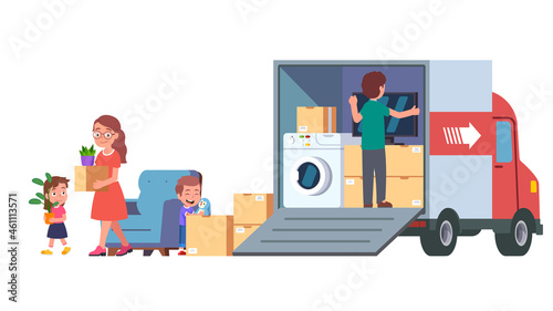 Family moving to new house using rental truck