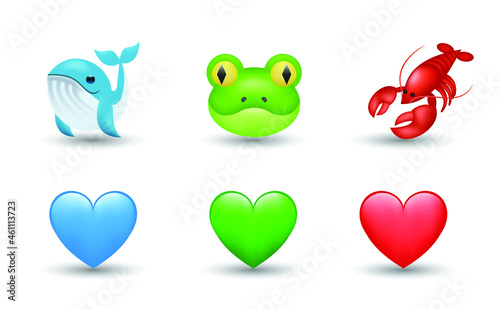 6 Emoticon isolated on White Background. Isolated Vector Illustration. Blue, red and green heart, frog, blue whale, scorpion vector emoji Illustration. 3d Illustration set. photo