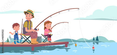 Obraz na plátne Fisherman father, daughter, son enjoying fishing