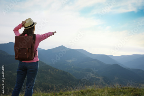 Woman enjoying mountain landscape, back view. Space for text