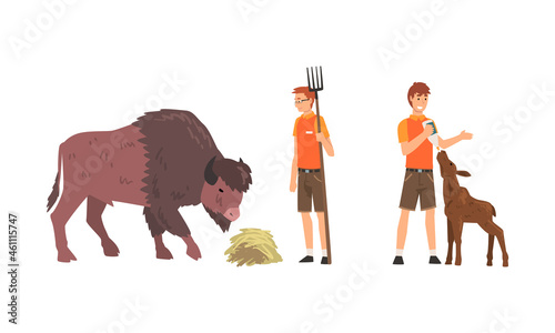 Man Zookeeper Engaged in Feeding and Daily Care of Animal Vector Set