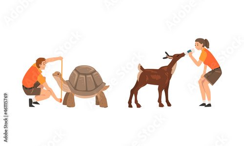 Man and Woman Zookeeper Engaged in Feeding and Daily Care of Animal Vector Set