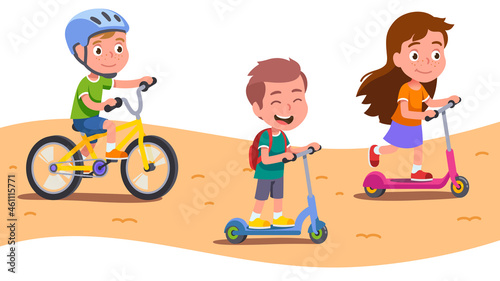Girl, boys kids riding bicycle and kick scooters
