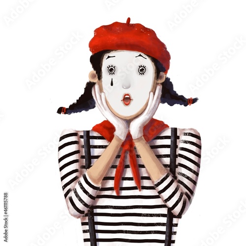 clown mime girl very surprised, watercolor style illustration, funny clipart with cartoon character