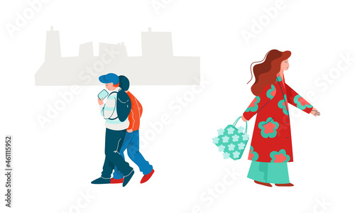 People Character Walking Along the Street in Spring Season Vector Illustration Set