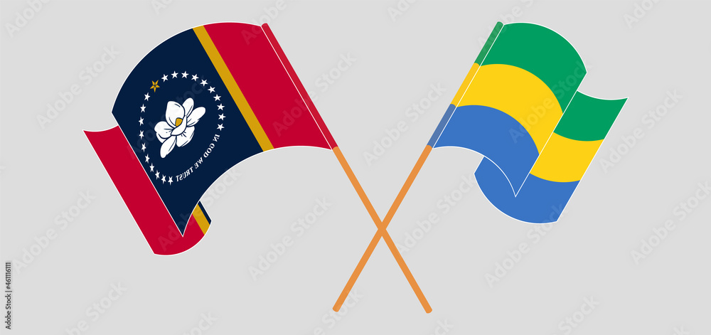 Crossed and waving flags of The State of Mississippi and Gabon Crossed and waving flags of The State of Mississippi and Gabon