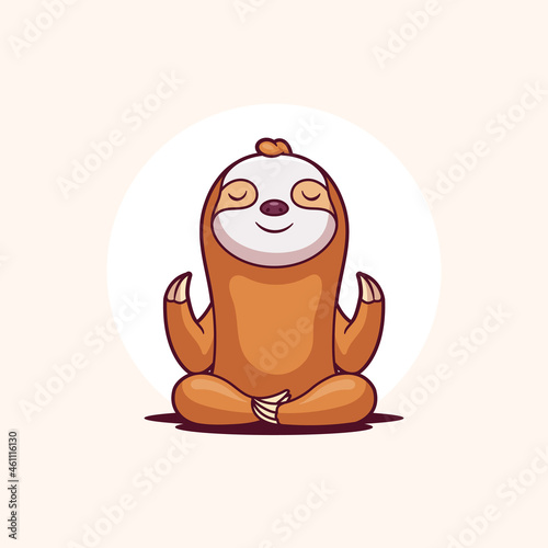 Funny sloth doing yoga. Lotus position cartoon vector illustration.