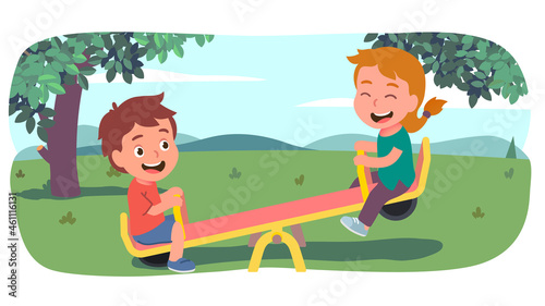 Happy girl and boy kids swinging on seesaw