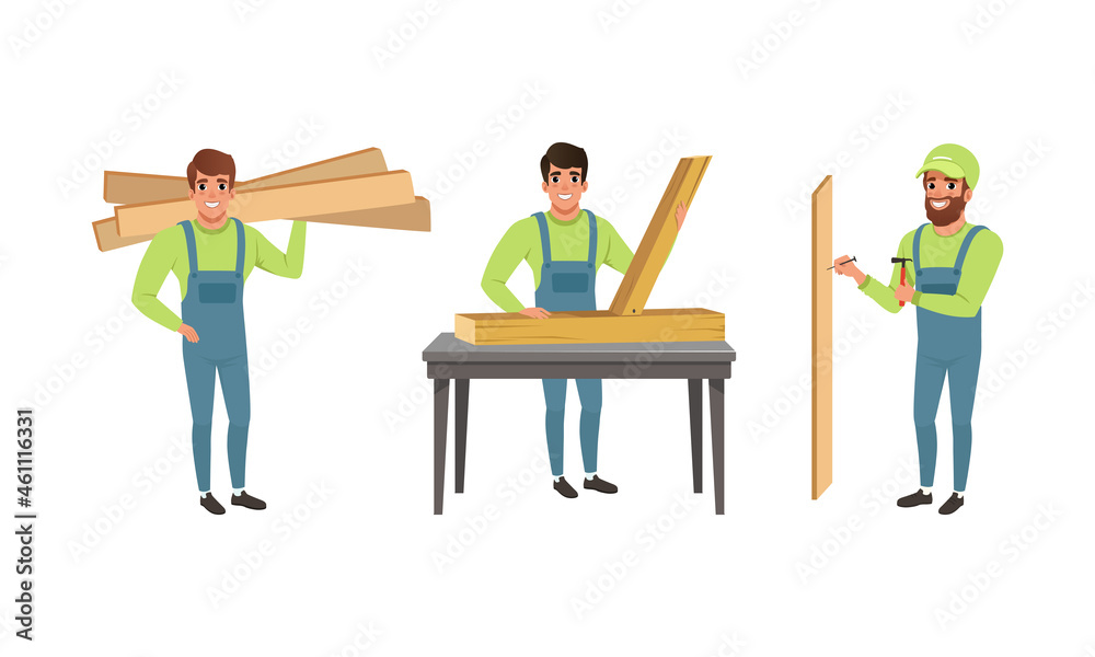 Professional Man Carpenter in Overall Carrying Wooden Planks and Nailing Vector Set Professional Man Carpenter in Overall Carrying Wooden Planks and Nailing Vector Set