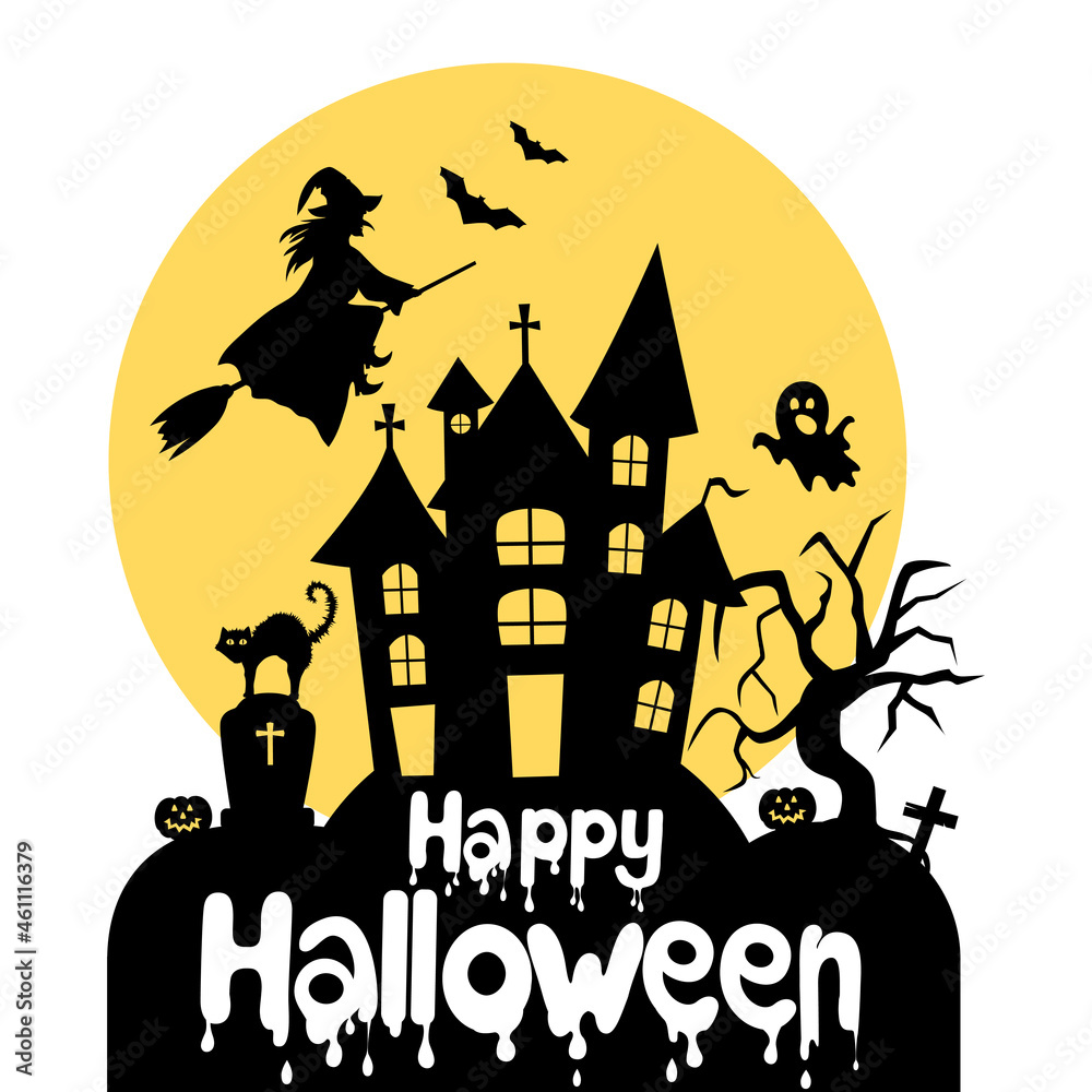 Happy Halloween banner. House with the ghosts. The witch flies on a broomstick Happy Halloween banner. House with the ghosts. The witch flies on a broomstick