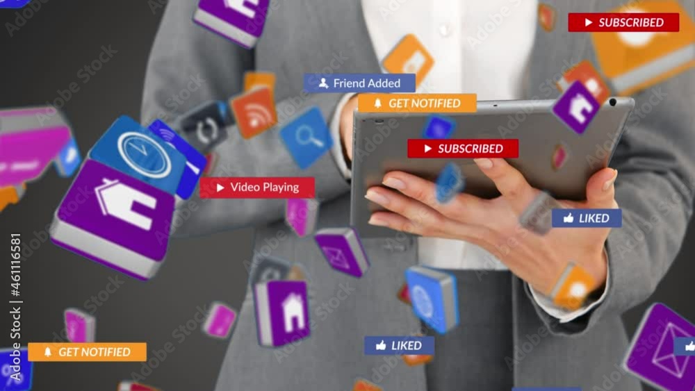 Animation of falling social media icons over women using tablet Animation of falling social media icons over women using tablet