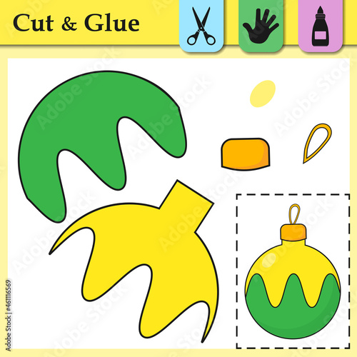 Paper game for kids. Create the applique cute Christmas Ball. Cut and glue. Winter symbol. Education logic game for preschool kids. Worksheet activity perfect for scissor practice, motor, cutting.