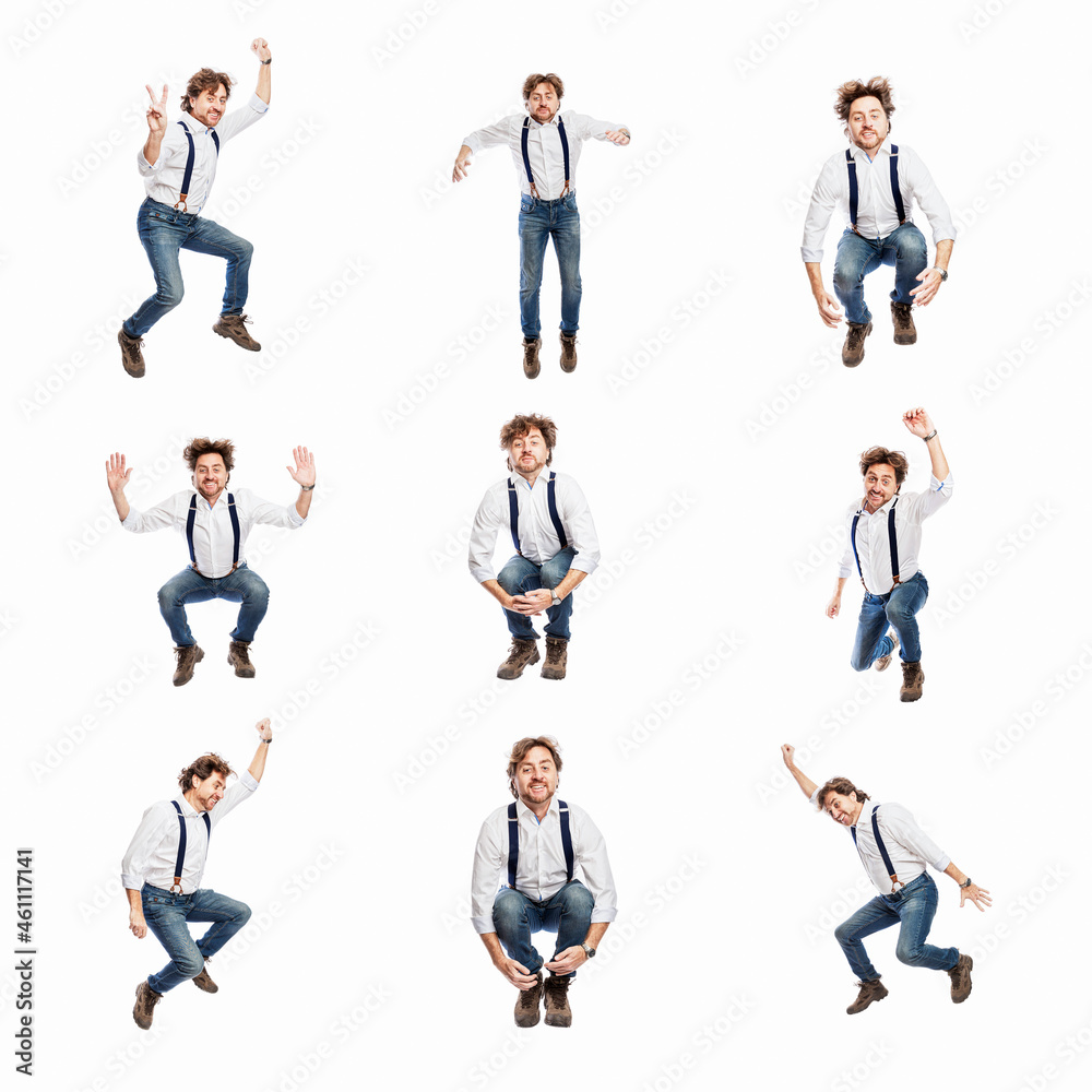 An adult man in jeans and a white shirt jumps emotionally. Success, freedom and movement. Isolated on white background. Collage, set. Square format.