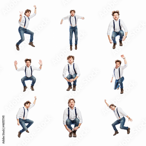 An adult man in jeans and a white shirt jumps emotionally. Success  freedom and movement. Isolated on white background. Collage  set. Square format.