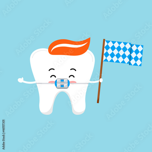Oktoberfest teeth with flag bavarian patten cute icon isolated. Dentist cute white tooth with braces character with flag photo booth props. Flat design cartoon vector clip art illustration.