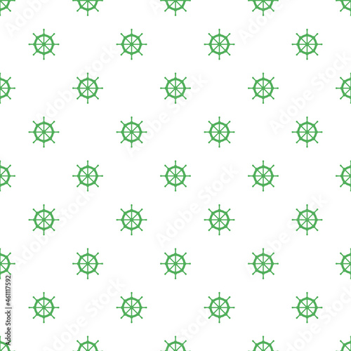 White seamless pattern with dark green ship wheel.