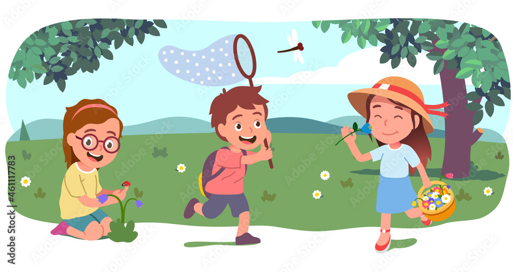 Kids walk, pick flowers, catch butterflies on lawn Kids walk, pick flowers, catch butterflies on lawn