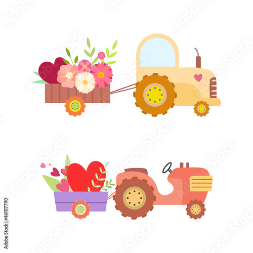 Fototapeta Naklejka Na Ścianę i Meble -  Cute Tractor with Cart Full of Flowers and Hearts Vector Set
