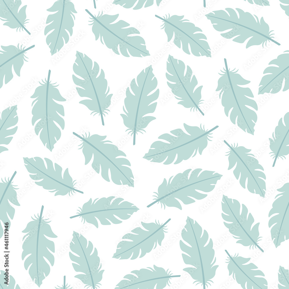 Fototapeta premium White seamless pattern with blue flamingo feathers.
