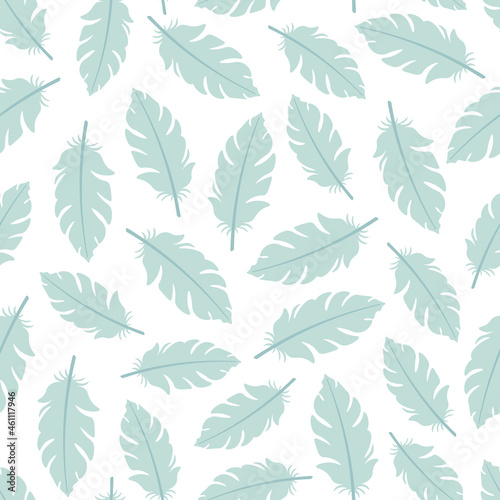 White seamless pattern with blue flamingo feathers.