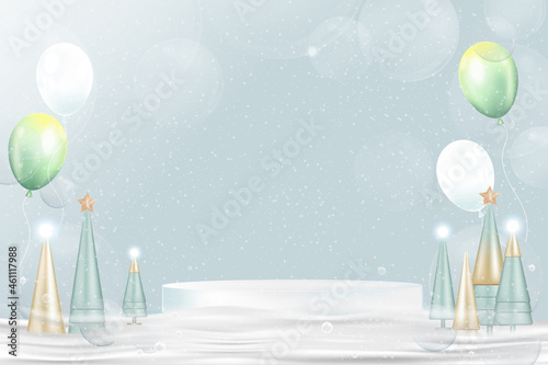 Happy New Year 2022 and Merry Christmas background.Studio room background with balloon bubble, podium,conical tree on snow, Festive Christmas elements.Holiday backdrop for poster,greeting card, flyer