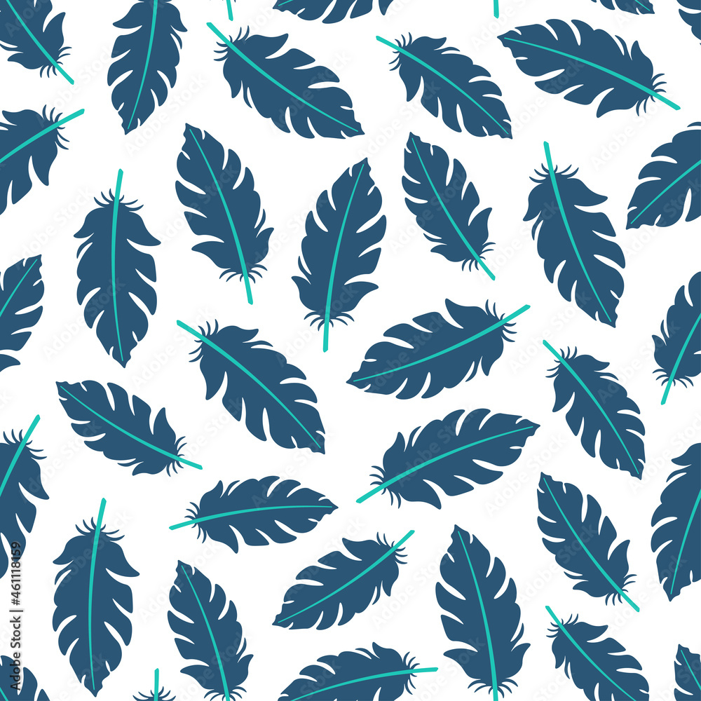 White seamless pattern with navy blue flamingo feathers.
