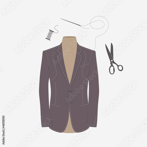 Sewing clothes, clothing, atelier. Tailor sews suit, tuxedo, blazer in sewing workshop. Work progress suit. Bespoke, made to measure, tailoring-designed outfit. Color flat vector illustration.Isolated
