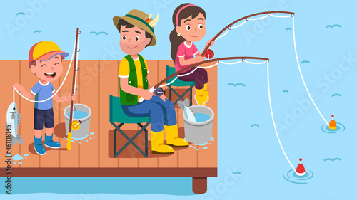 Fisherman father, daughter, son enjoying fishing