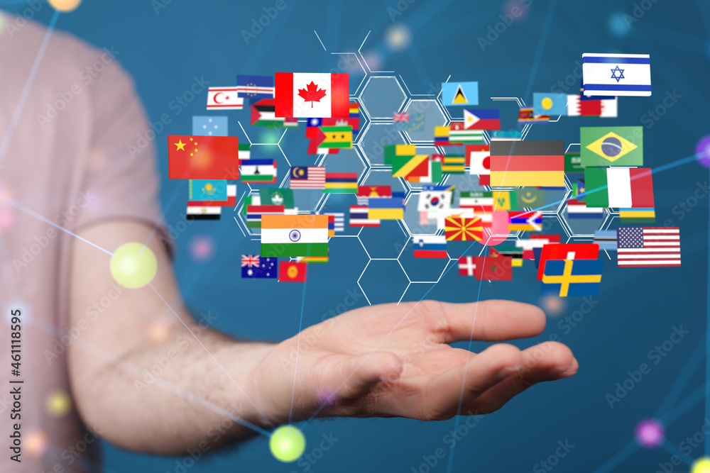 Global communication and international messaging concept, national flags of world Global communication and international messaging concept, national flags of world