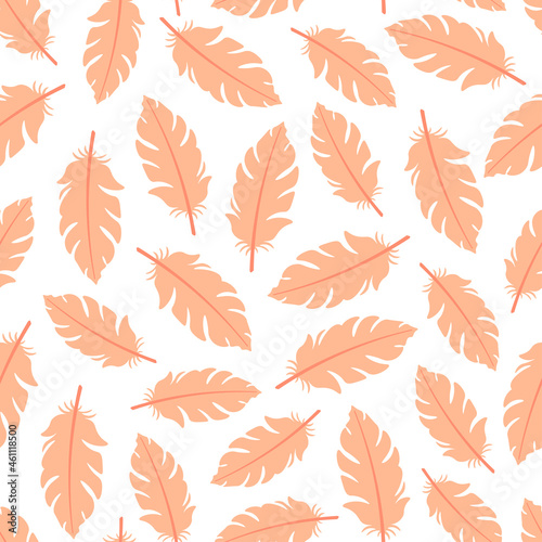 White seamless pattern with pink flamingo feathers.