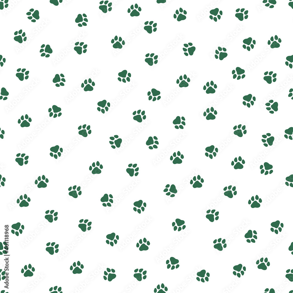 White seamless pattern with green paws. White seamless pattern with green paws.