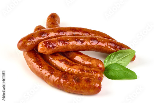 Grilled pork sausages, grill sausages, isolated on white background.