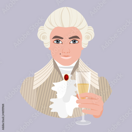 An avatar of a man in a powdered white wig and a man's dress from the 18th century holds a glass of champagne in his hand. Aristocracy. Flat vector illustration.