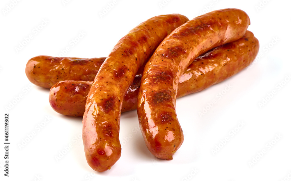 Grilled pork sausages, grill sausages, isolated on white background. Grilled pork sausages, grill sausages, isolated on white background.