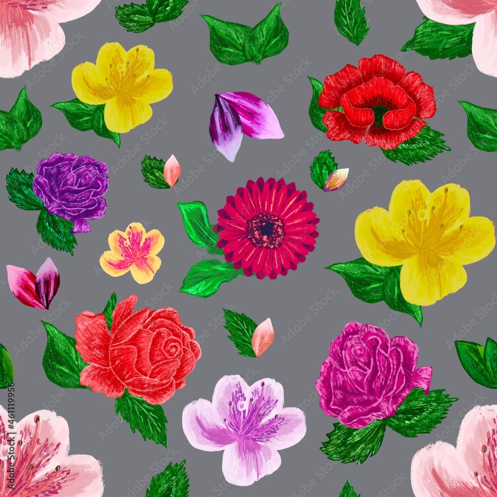 Seamless floral pattern on gray background
