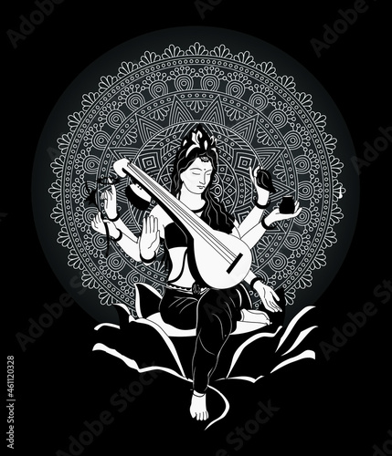 Lord maa saraswati beautiful vector graphic illustration, maa saraswati t-shrit graphics design. photo