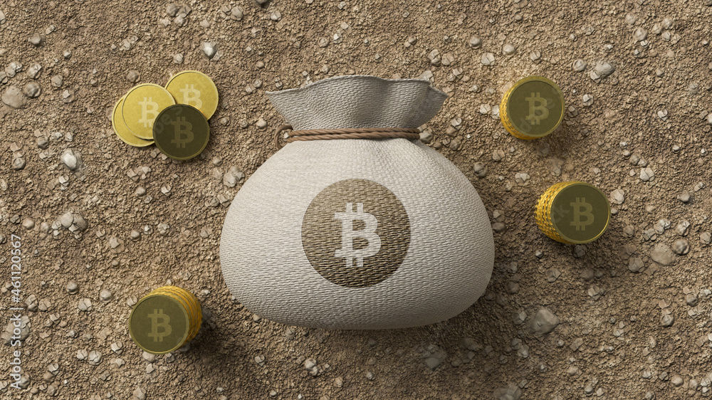 moneybag with a bitcoin symbol on dirt gravel background - obrazy, fototapety, plakaty 
