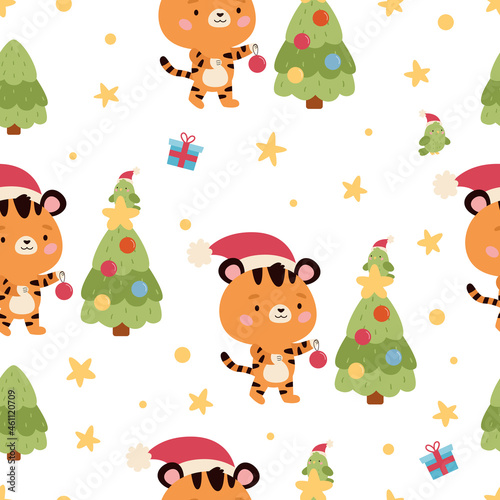 Seamless pattern with cute tiger  parrot  presents and Christmas tree. Chinese New Year symbol. Cute cartoon characters. Vector illustration.