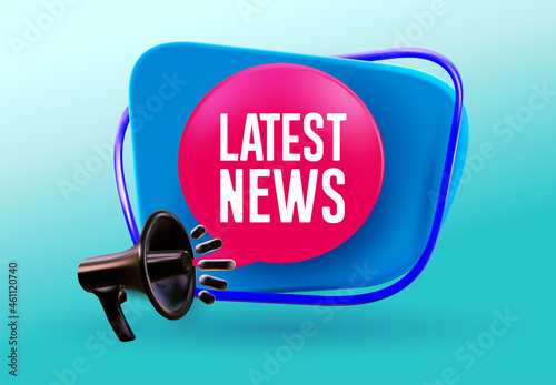 Latest news megaphone label. Black plastic megaphone with shadow. 3d realistic vector illustration. Isolated on blue background. photo