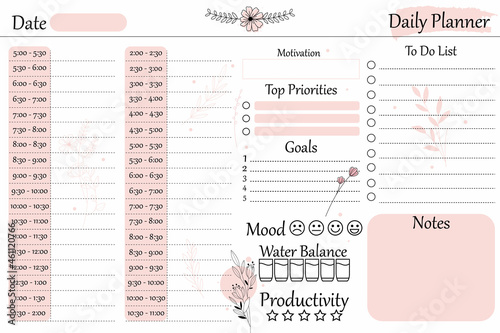 Daily planner. Schedule by the hour, minimal design with flowers. Pink, black colors