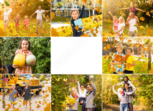 Collage with several photos of family outdoor at fall park. Happy and beautifulfamily at autumn season. Copy space.
