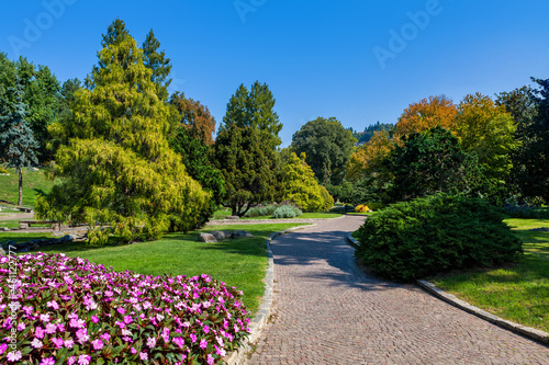 Walkway, green grass and colorful trees at Valentino park in Turin, Italy.